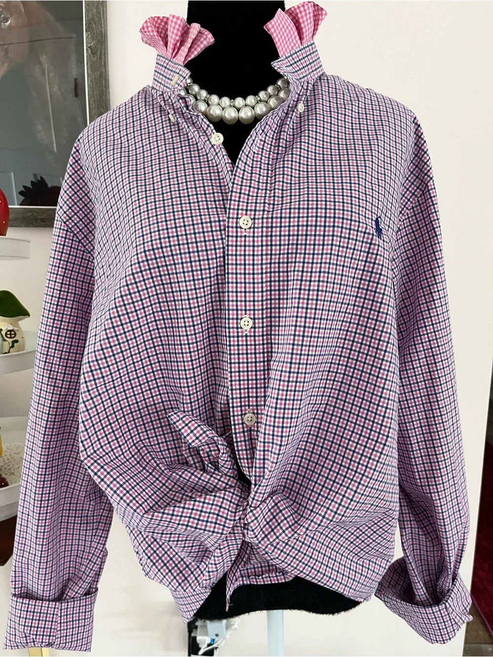 Reworked Ralph Lauren Pink and Blue Gingham Button-Down Ruffle Collar - Picture 2 of 9
